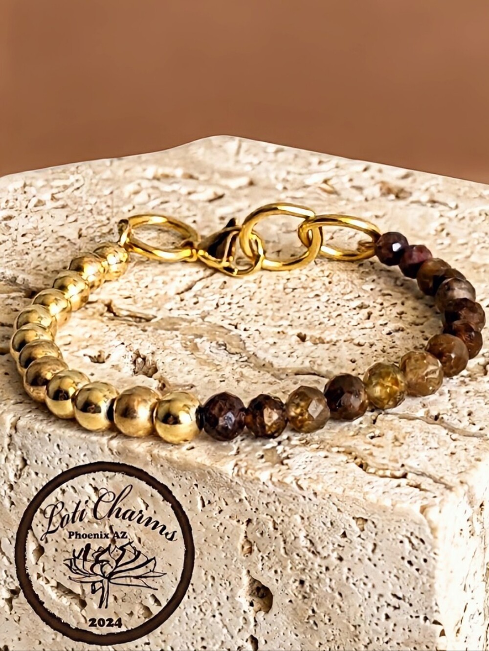 Natural Orange Yellow Sapphire & Gold Balls In Half And Half Beaded Bracelet